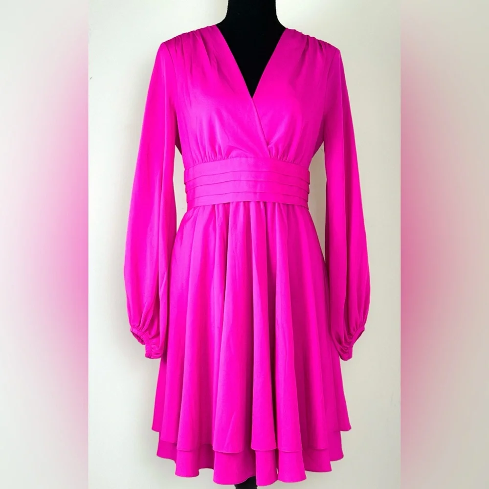 Eliza J Hot Pink Fuschia Long Sleeve Fit & Flare V-Neck Dress-Small - Picture 2 of 10